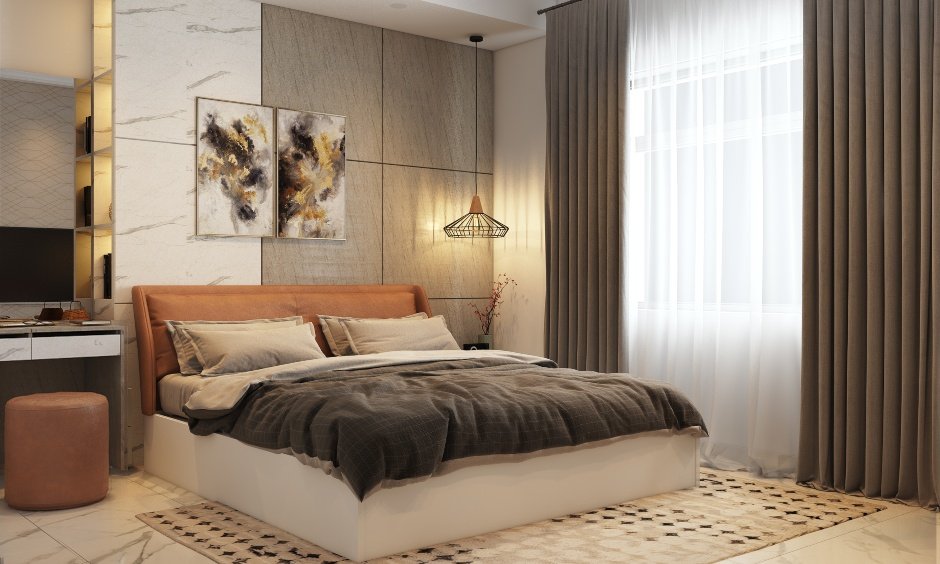 1bhk house bedroom designed with entertainment unit and low lying cabinets in wood