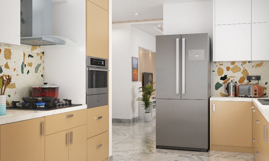 2bhk flat interior design ideas with inbuilt hobs and chimney and white moisac tiled backsplash cuts