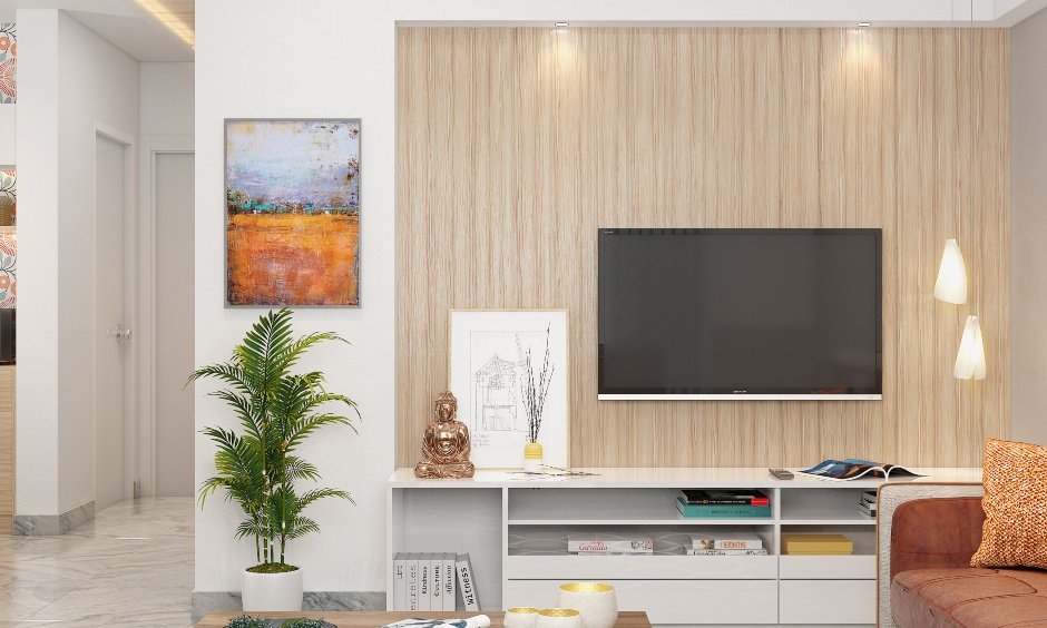 2bhk interior design cost with combination of open shelves and handleless drawers for storage