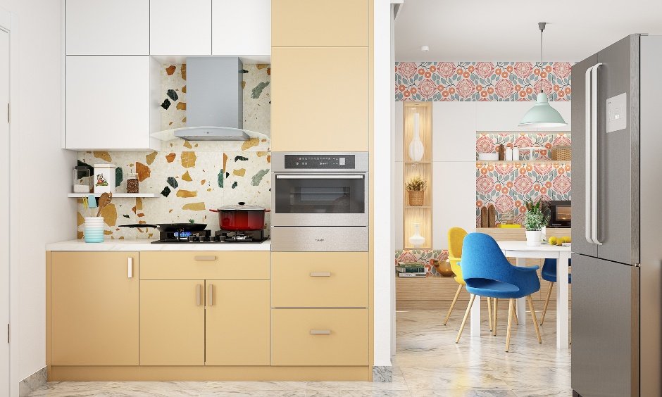 2bhk interior design ideas with a kitchen with the inbuilt hob and moisac tiled backsplash cuts