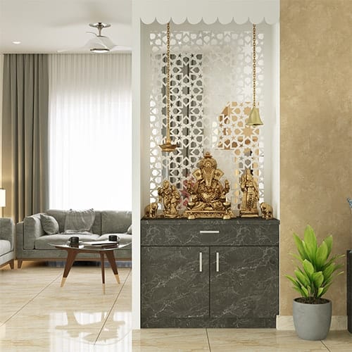 Affordable interior designers in Gurugram created a living room with a pooja unit