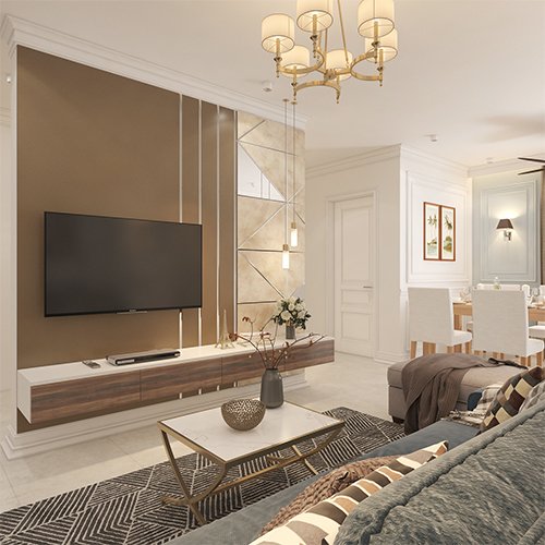 Affordable interior designers in Hyderabad have created a living room with a floating TV unit