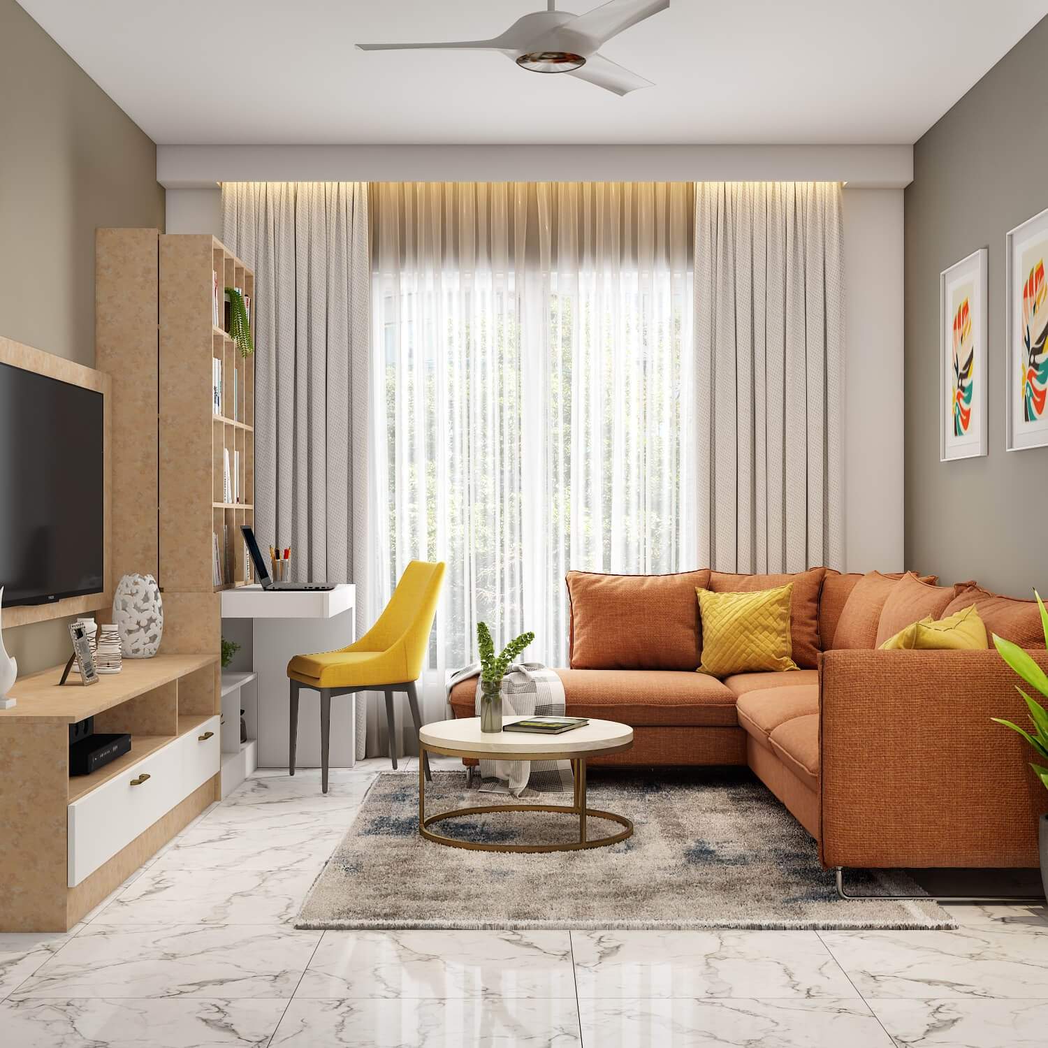 Affordable Navi Mumbai interior designers crafted a TV unit with a bookshelf-cum-study