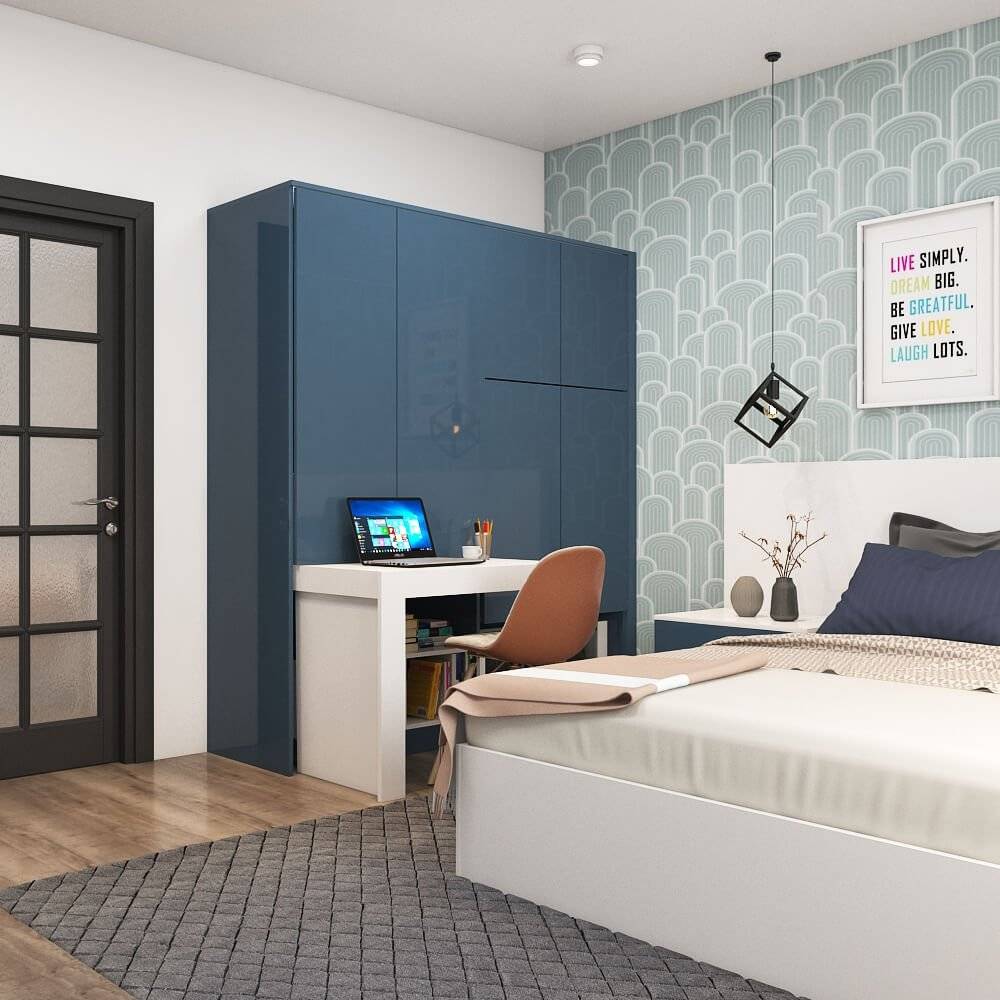 Apartments interior designers in Pune designed a wardrobe with pull-out study desk