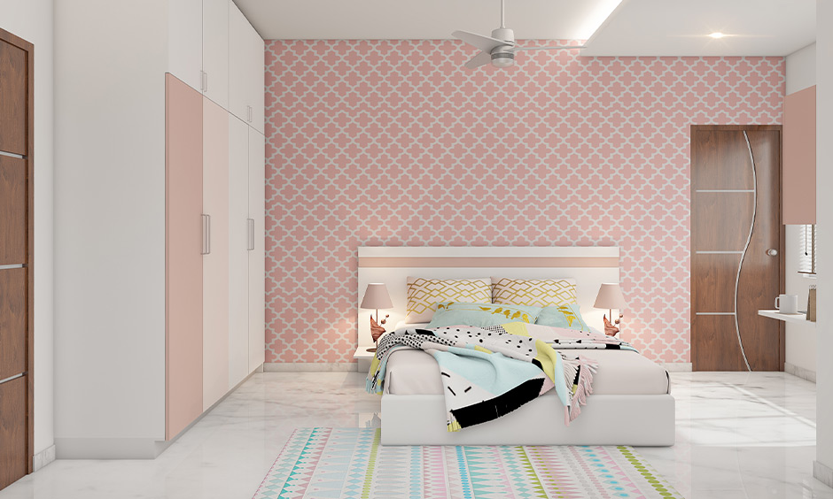 Baby pink bedroom wall stencil design for a stylish look
