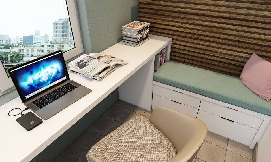 Home balcony design with study desk, bookshelf on one side is included to enjoy the outdoors as you WFH