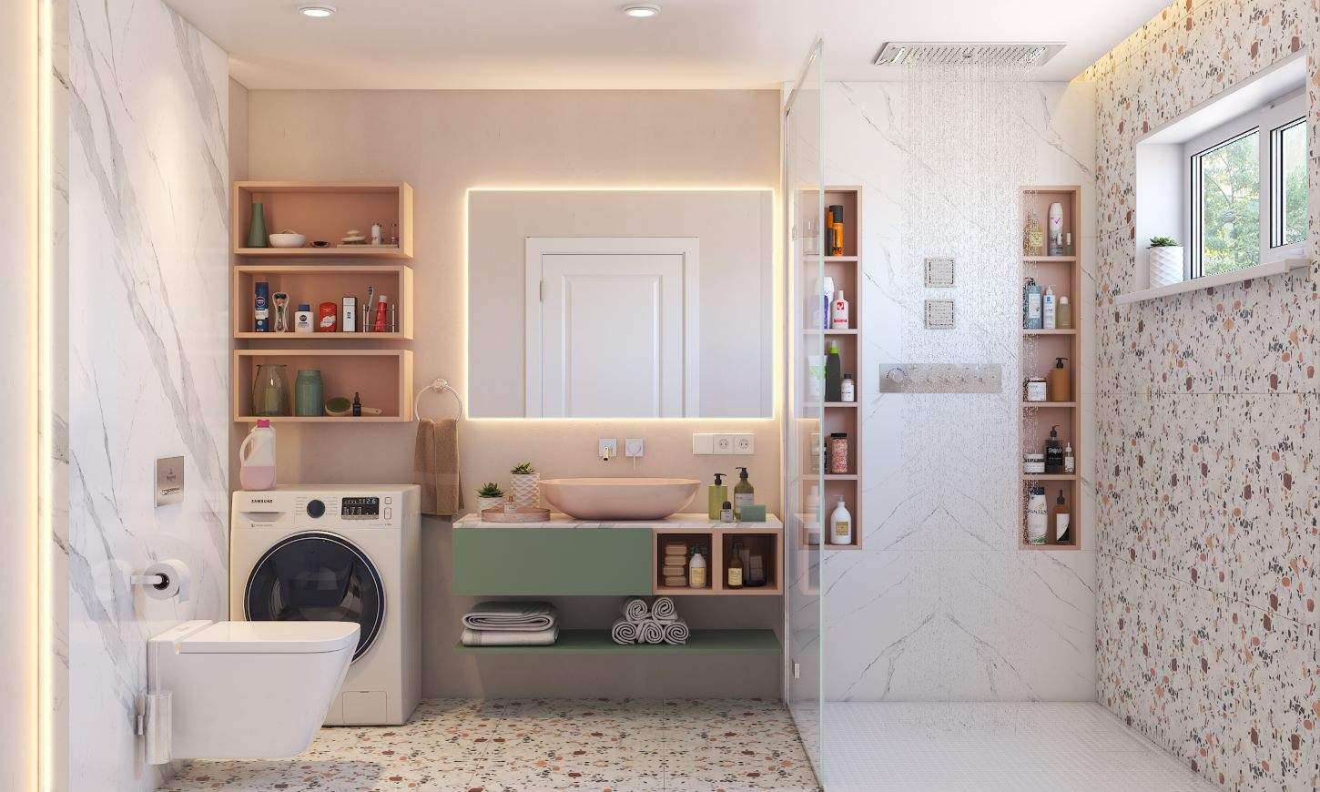 Bathroom design in minimalistic style with pastel coloured interiors