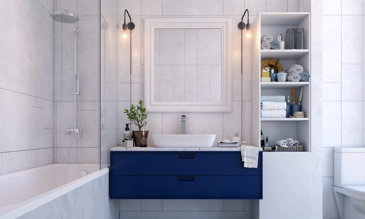 Bathroom design with a striking blue vanity makes clean and simple bathroom deign