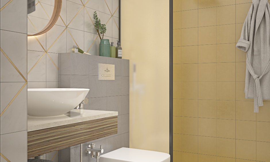 Bathroom designed with wood laminate and bowl sink for 1bhk home interior design