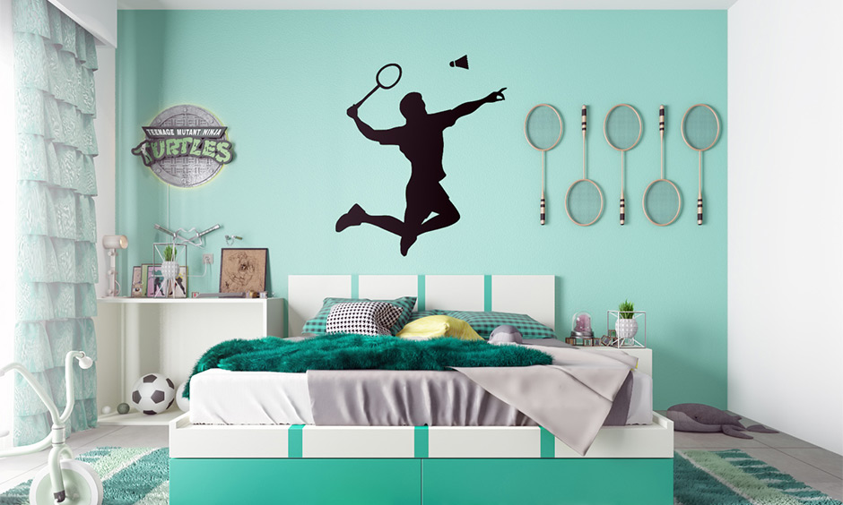 Sea green Bedroom accent wall stencil designs for sports enthusiasts