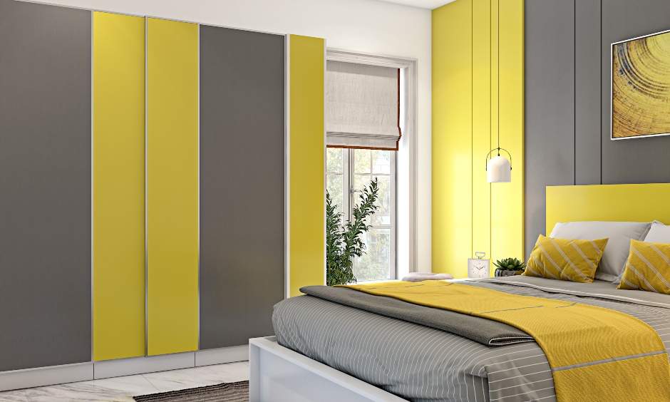 Bedroom design in panton colour of year 2021 with yellow and grey with modular furniture