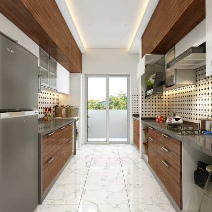 Best modular kitchen in Navi Mumbai with sleek galley layout and wood-finished cabinets