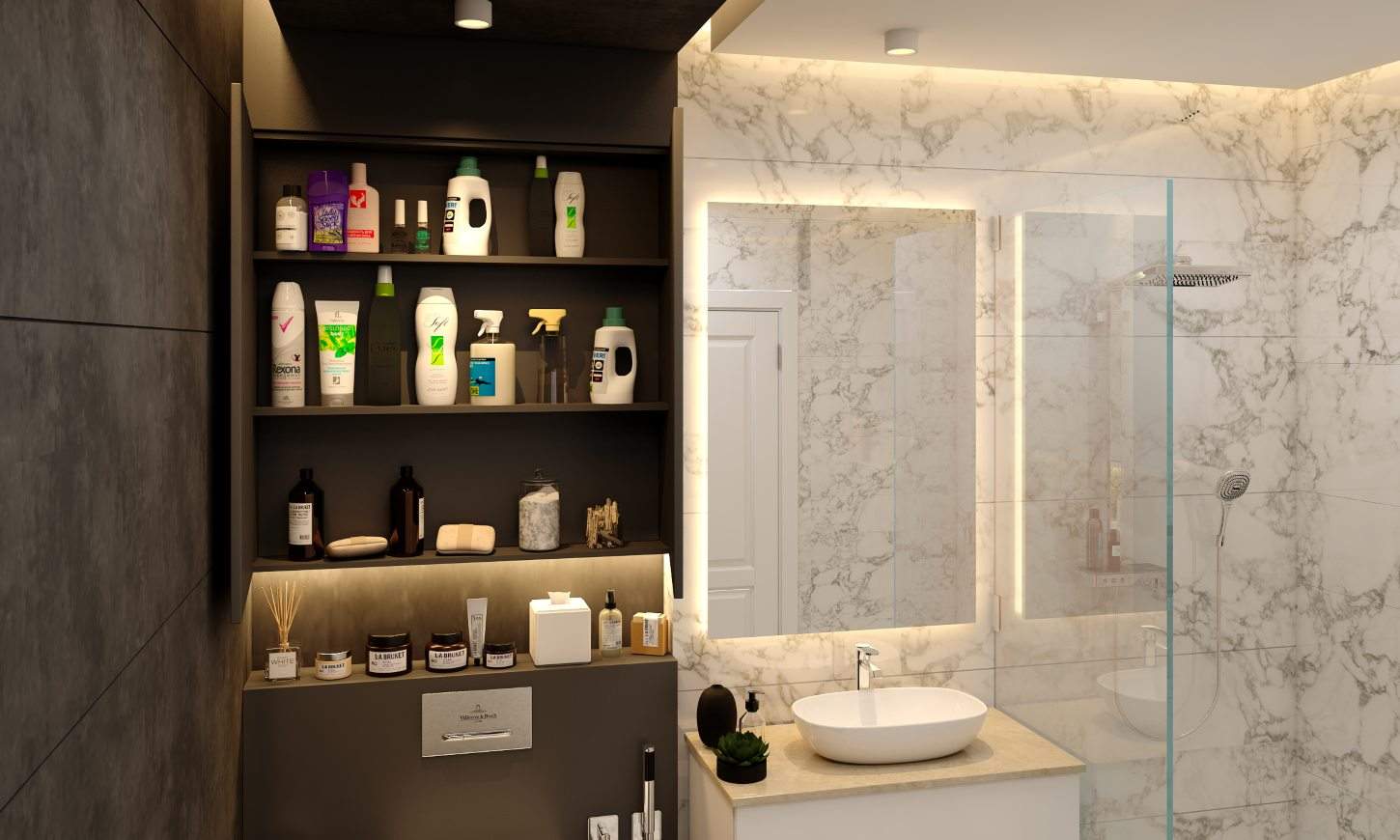 Black and white modern bathroom with black cabinet with push to open shutters.