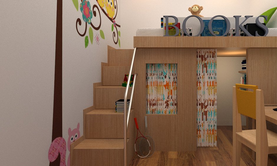 Bunk bed designs with mini library combo with guard railed stairs
