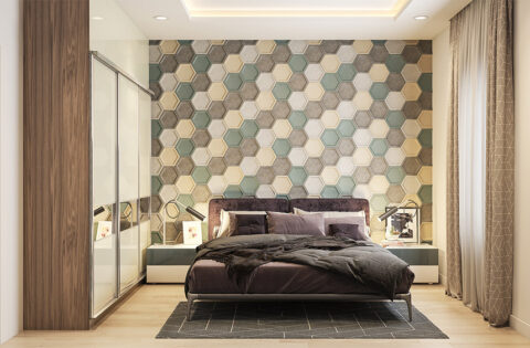 A compact bedroom with multicoloured hexagon ceramic tiles