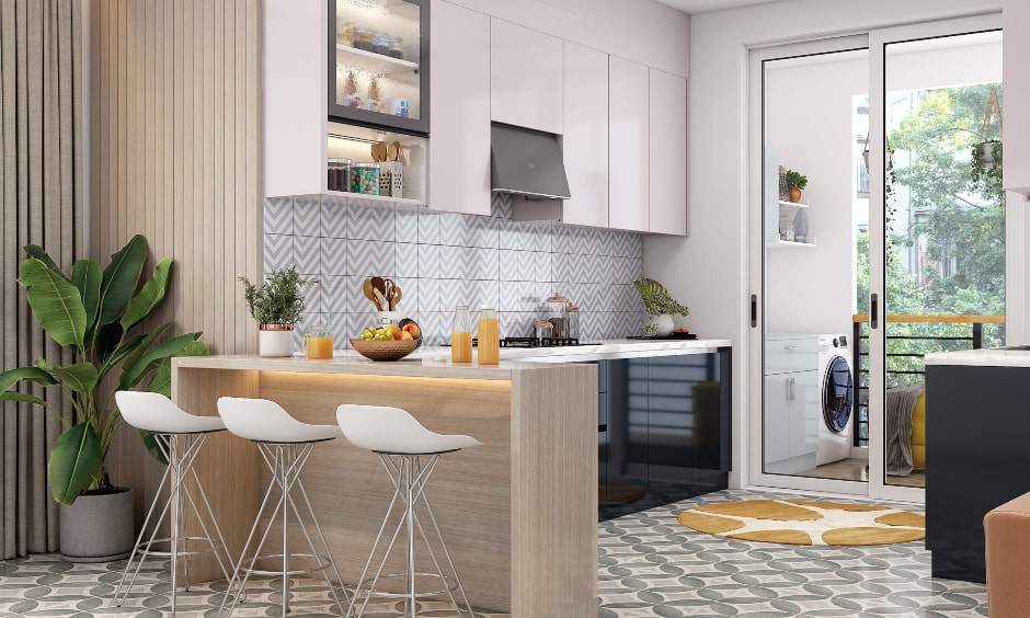 Parallel kitchen backsplash featuring a chevron pattern