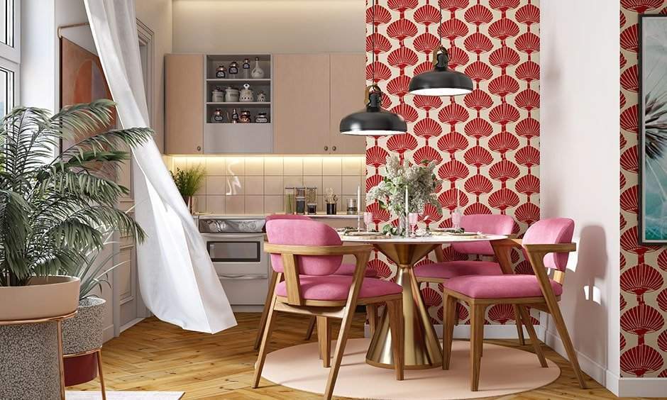 Colour combination for dining room with shades of red and white walls