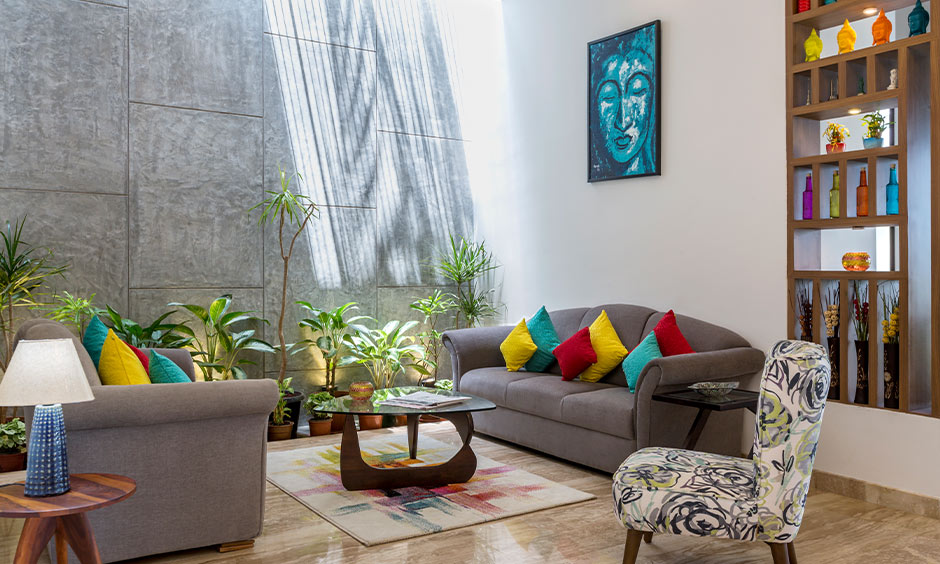 Eco-friendly living room interior design full of colour