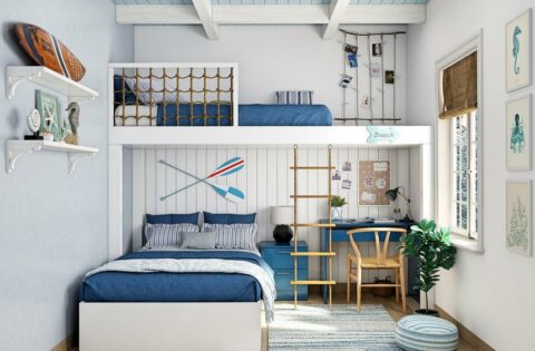 Nautical bunk bed for boys with rope safety rails and built-in study area.