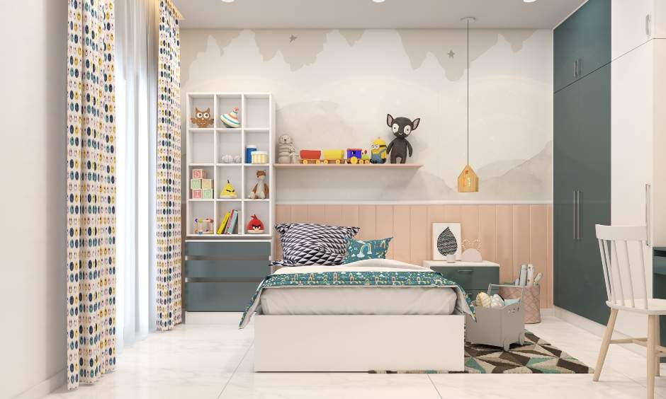 Cozy kids bedroom with a single bed and wooden bookshelf with open shelves
