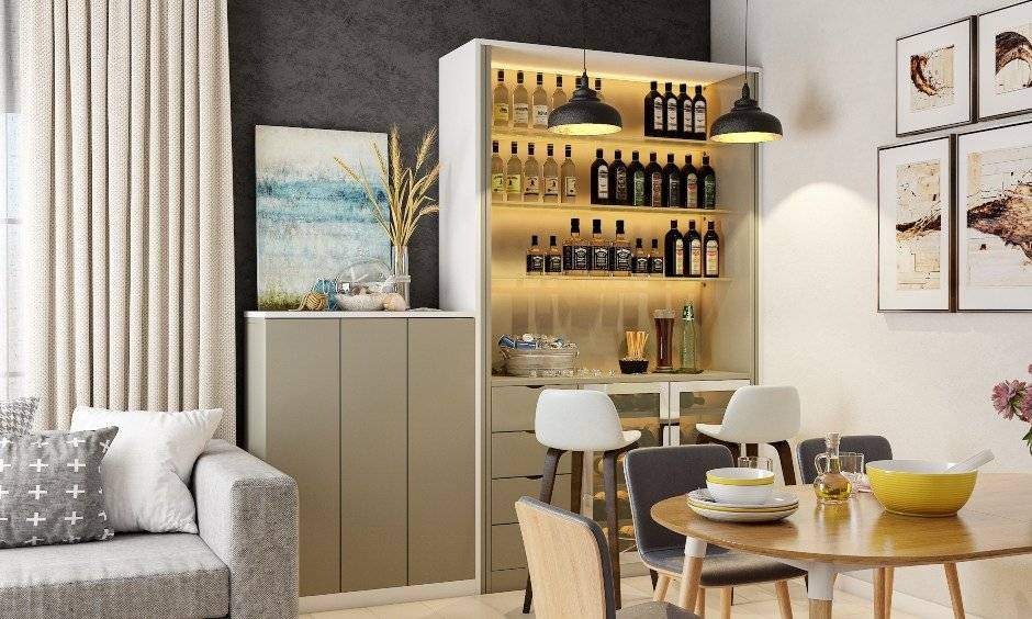 Dining room interior design in modern minimal style in Bangalore Mumbai Hyderabad.