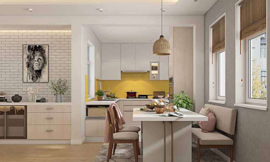 Dining room interior design with a brick cladding accent wall in white and two cushioned chairs and a bench