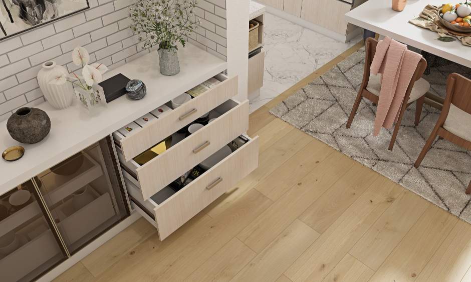Dining room interior with smart crockery unit with multiple drawers to keep your utensils and cutlery