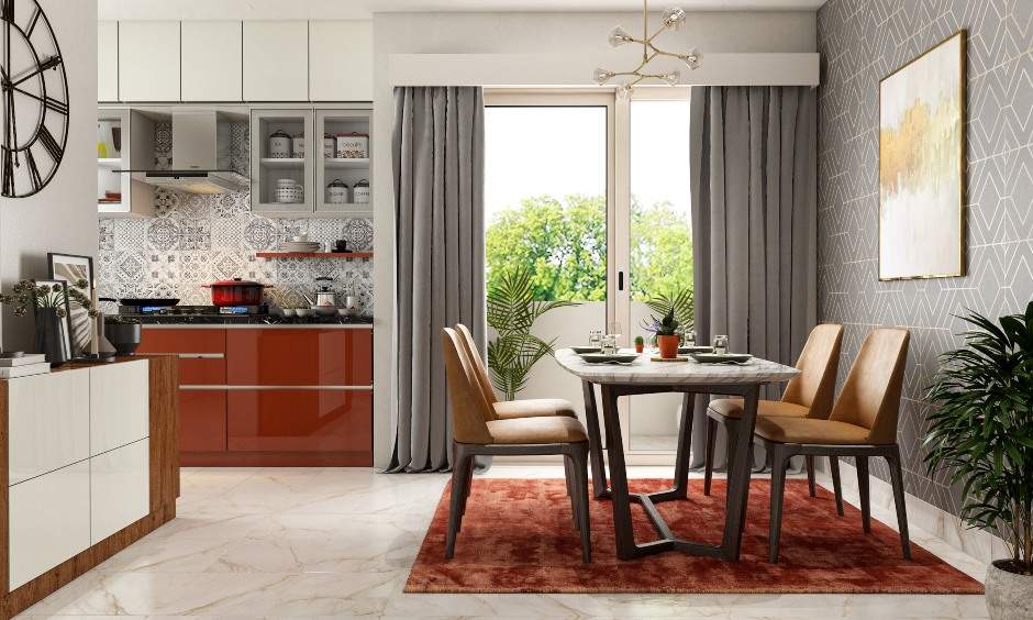 Dining room interior with white marble top and white laminate front wooden crockery with grey geometric patterned accent wall.