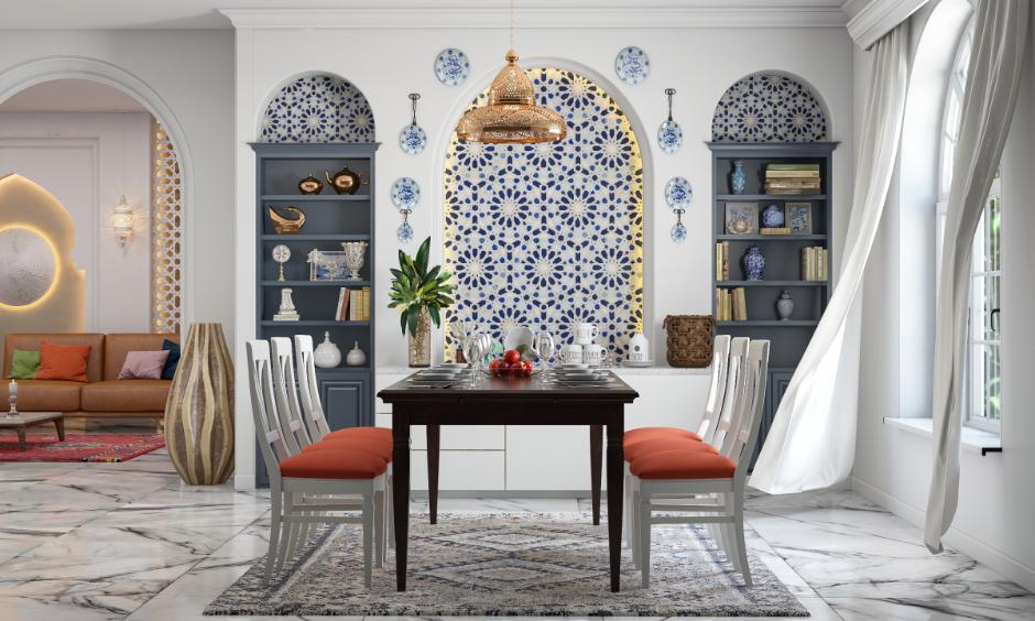 A vibrant dining room painting with geometric blue tiles, adding cultural richness and texture.