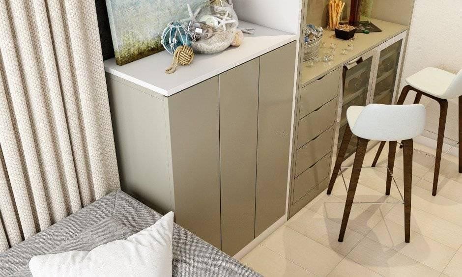 Modern minimal style dining room interior design with crockery unit, mini bar, modern wall dining table with chairs, lights.