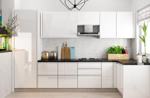 Modern back-painted glass kitchen design with glossy cabinets and sleek backsplash