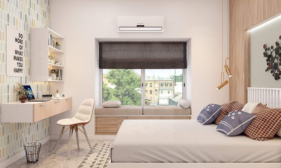 Ergonomic bedroom study nook features a wall-mounted bookshelf