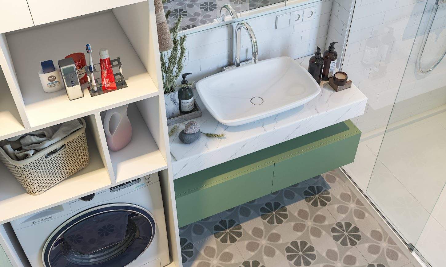 Floating vanity unit with twin drawers in green bathroom design