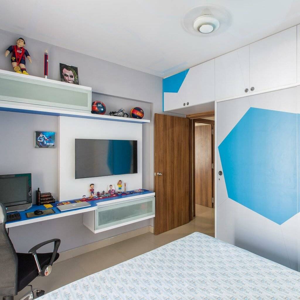 Sliding door wardrobe interior designs has truncated icosahedron pattern synonymous with football theme