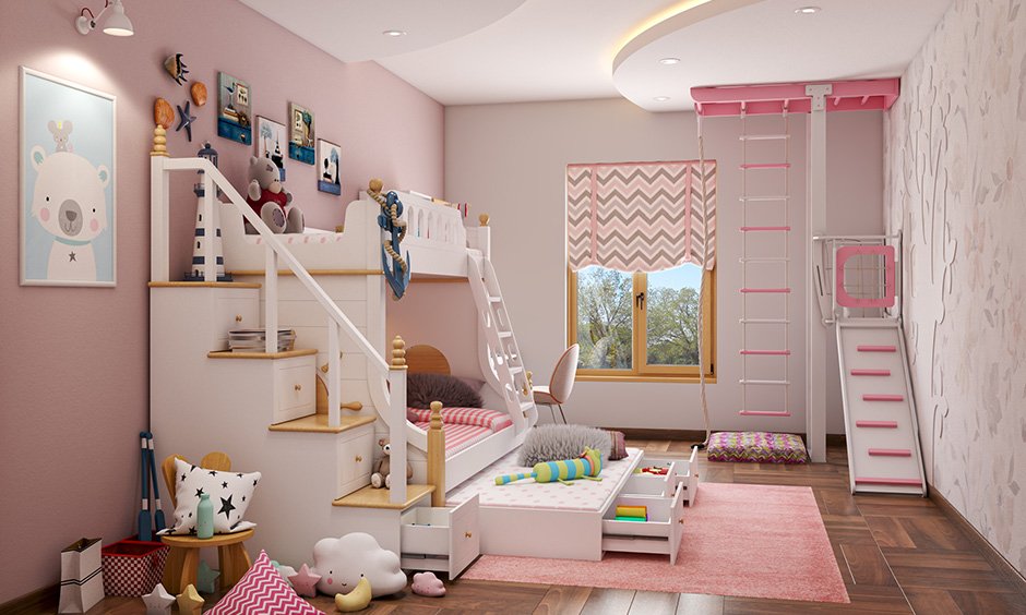 Kids bedroom style a play area and a study unit which together makes the room fun and functional.