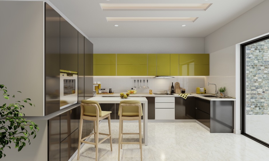 G-shaped kitchen design with two contrasting colours of black and lime green