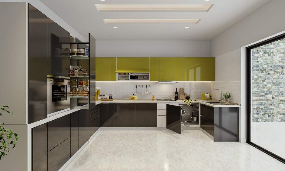 G-shaped modular kitchen design with a magic corner unit creating modern look