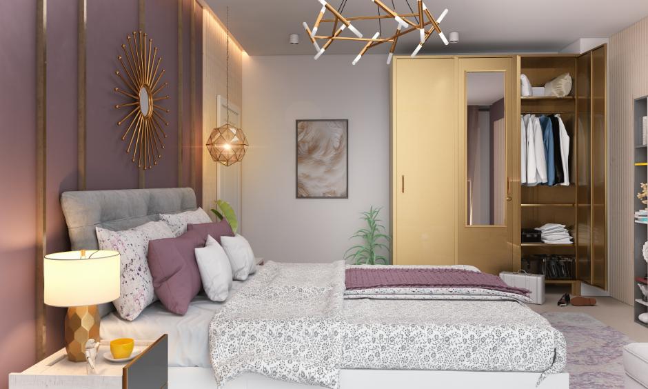 Organised modern bedroom featuring a steel wardrobe with a mirror and open shelves