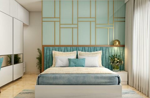 Green colour bedroom design with mint green walls, gold detailing, and teal upholstered bed.