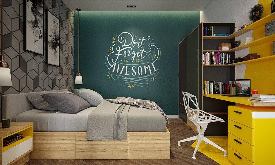Green bedroom wall stencil design, which complements the study area in yellow laminated finish