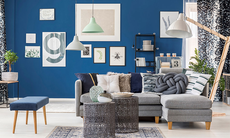 Grey and royal blue living room, which exudes a cosy vibe