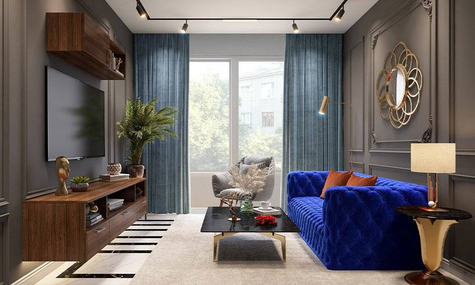 Grey and velvety blue living room for a top-notch look