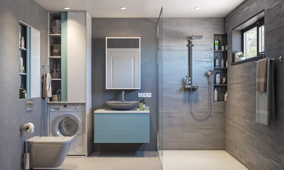 Grey and white bathroom design with sky blue