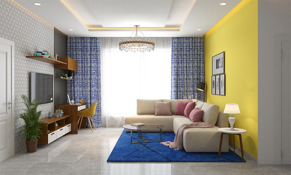 Grey, blue and yellow living room, which is positivity personified