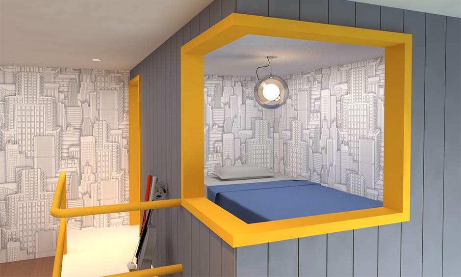 Green and yellow bedroom with wood furniture and a chandelier