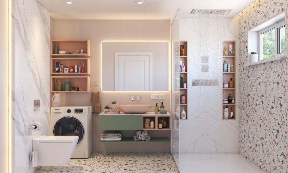 Modern bathroom with green HDHMR sheet cabinet and open storage shelves built for high