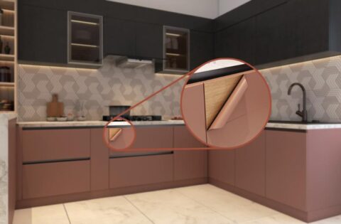 HDHMR sheet kitchen cabinet with board detail shown in a close-up view