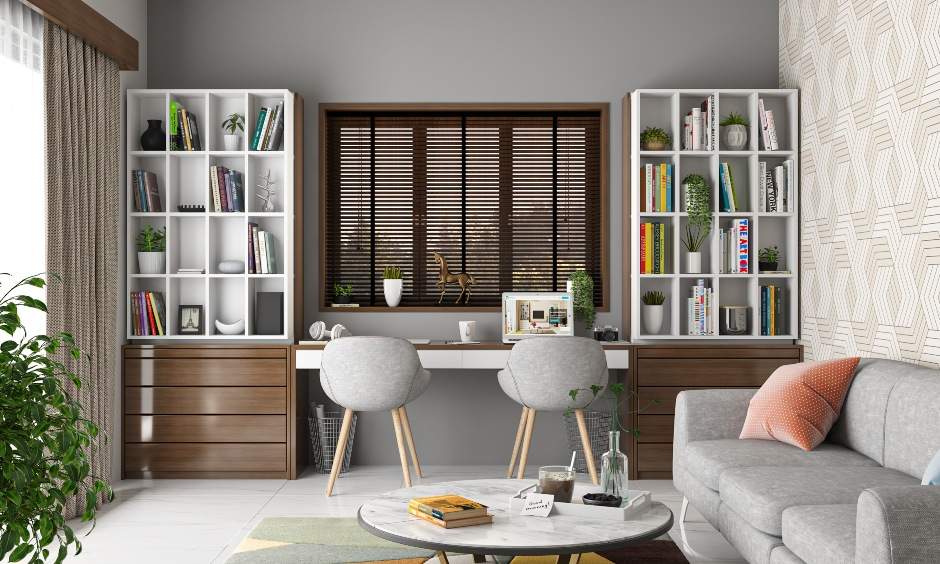 Home office desk unit with bookshelf for two that comes with handles drawers