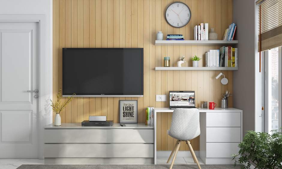 Home office interior design for small apartment with floating shelf in white laminate-finish