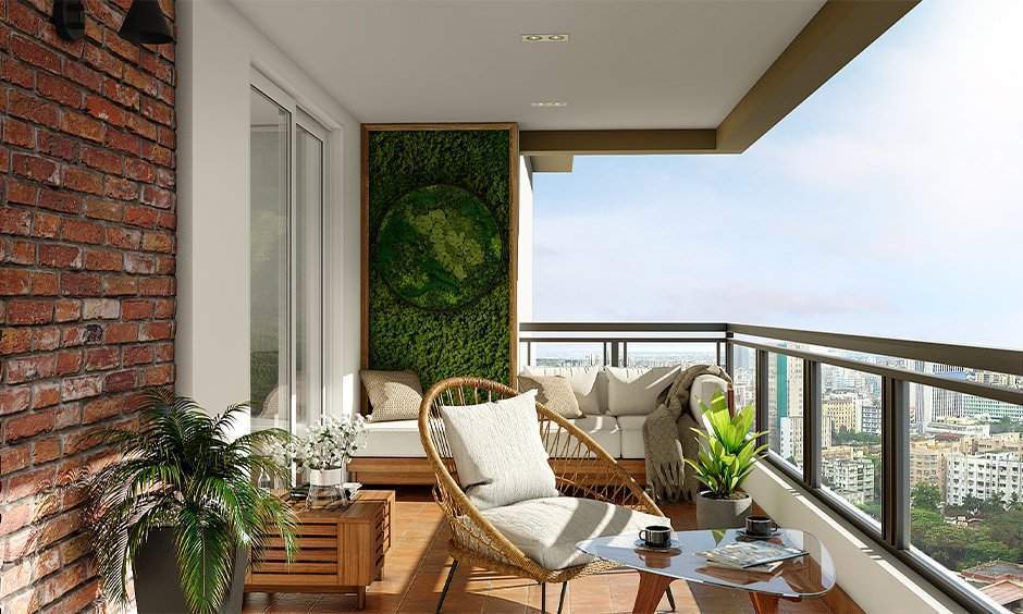 Glass balcony grill design with teracotta flooring for a perfect sitting spot